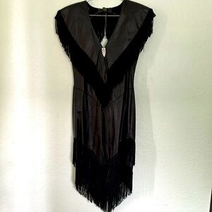 Vintage black, leather, fringe with rhinestone dress!  HOT!  🔥🖤🌹